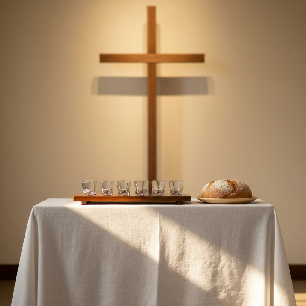A simple communion table covered with a plain white linen cloth, placed at the front of a traditional sanctuary. On the table, a polished wooden tray holds small, empty cups, and beside it a rustic loaf of unsliced bread rests on a wooden plate. Behind the table, a bare wooden cross is mounted on a softly lit wall, slightly out of focus. Warm, gentle overhead lighting creates subtle reflections on the tray and soft shadows under the bread, enhancing the sense of reverence. Photographic realism with an eye-level composition and moderate depth of field, conveying quiet worship, remembrance, and the hope of new life through Christ.