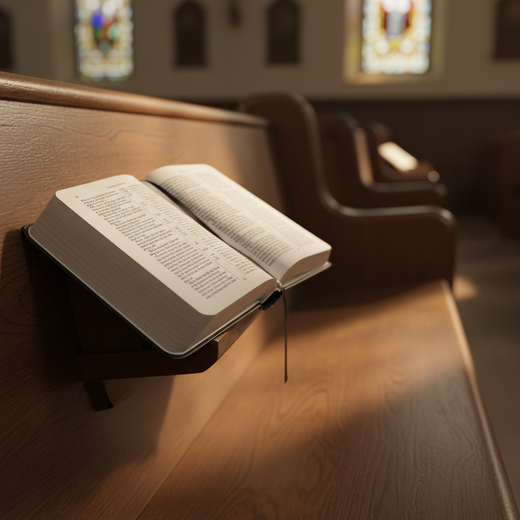 An open Bible resting on a smooth, dark wooden church pew, pages slightly curved and turned to a passage about resurrection and new life. A simple black ribbon bookmark lies across the thin, softly textured pages. In the background, out of focus, a traditional sanctuary interior is suggested by vertical lines of wooden pew backs and faint stained-glass colors. Warm, diffused afternoon light enters from unseen side windows, creating gentle highlights on the page edges and subtle shadows between the pews. Photographic realism with a shallow depth of field and an intimate, contemplative mood, reflecting a traditional Brethren congregation rooted in Scripture.