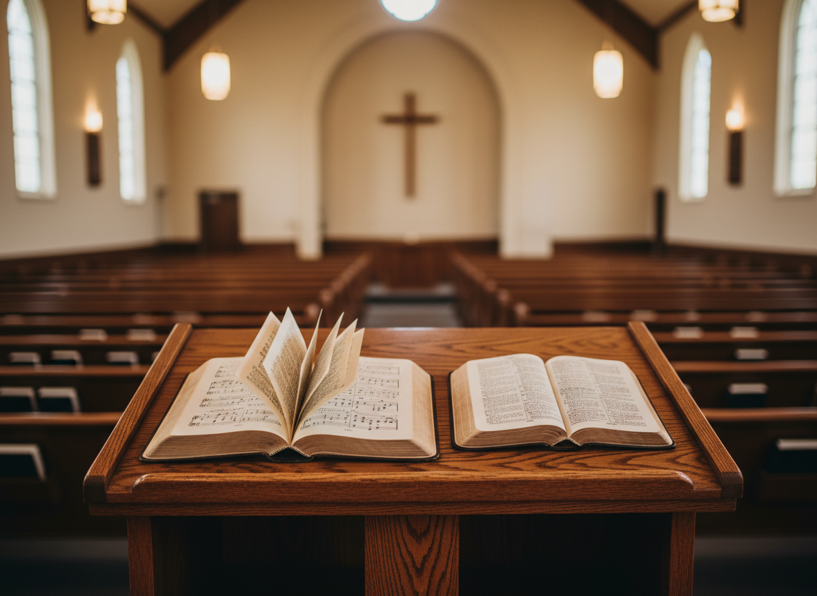 Inside a quiet, traditional church sanctuary, a close-up view of a simple wooden pulpit with a rich, warm grain, positioned slightly off-center. An open hymnal and a well-worn Bible rest on its top surface, their pages gently fanned. In the softly blurred background, rows of wooden pews and a modest wooden cross at the front provide context. Ambient daylight from high side windows mingles with warm overhead lights, creating a calm, reverent glow across the pulpit’s surface. Photographic realism, captured from a slightly low angle with shallow depth of field, emphasizing the centrality of preaching, worship, and timeless Brethren traditions without any human figures.