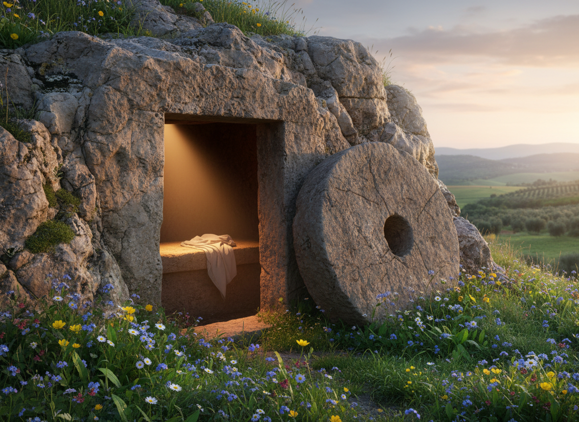 A rugged stone entrance of an empty tomb carved into a rocky hillside at dawn, the massive round stone rolled away from the dark opening. Inside, only simple folded linen cloths rest on a rock ledge, illuminated by a soft, warm beam of early morning sunlight streaming in from the open doorway. Wildflowers and fresh green grass surround the entrance, with distant, gentle hills fading into a subtly blurred background. Photographic realism with an eye-level composition and moderate depth of field, creating a calm, hopeful atmosphere that emphasizes new life and resurrection without any human presence.