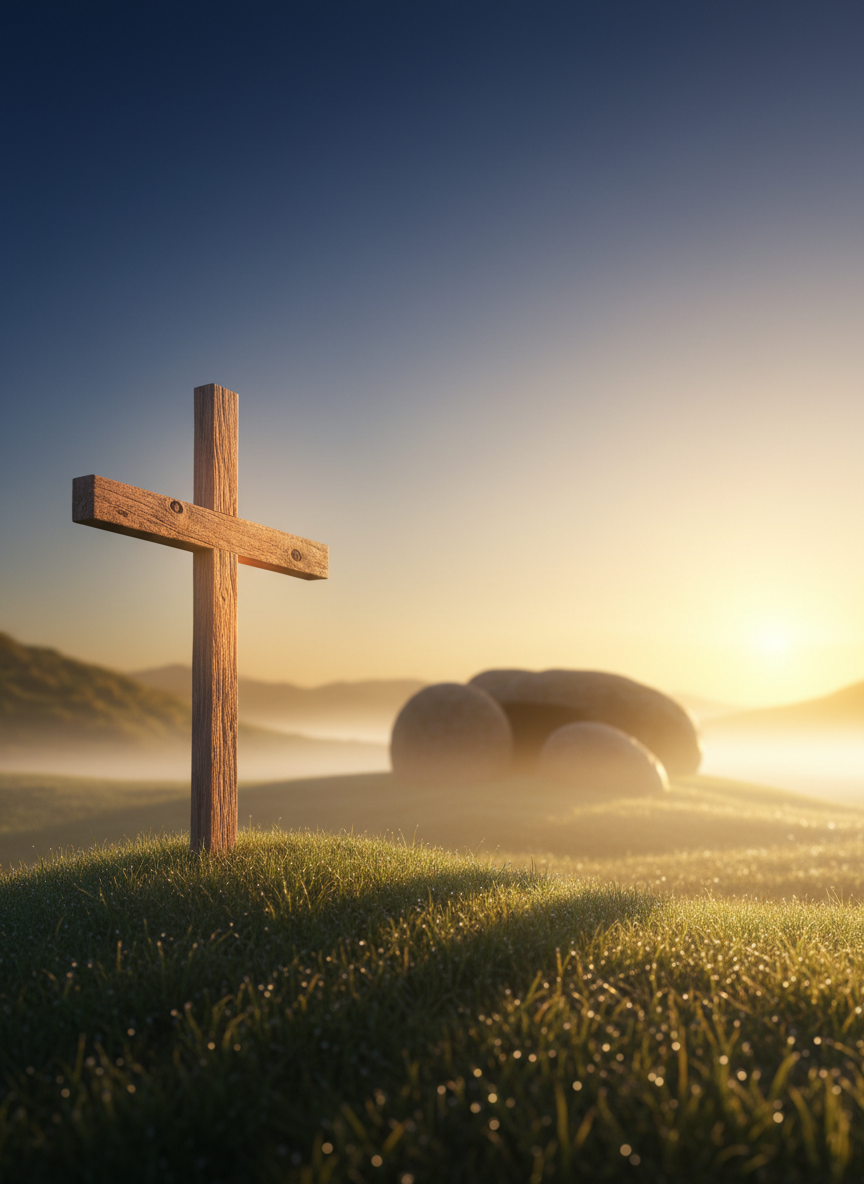 A simple wooden cross standing on a gently sloping grassy hill, positioned just off-center in a rule-of-thirds composition. Beyond the cross, the horizon reveals the faint outline of an open rock tomb with its stone rolled aside, partially obscured by low, golden morning mist. Soft sunrise light pours across the landscape, casting long, gentle shadows and creating a warm glow on the natural wood grain of the cross. The sky transitions from deep indigo to pale gold, evoking hope and quiet triumph. Photographic realism with sharp foreground detail and softly blurred distant hills, conveying reverence and resurrection hope.