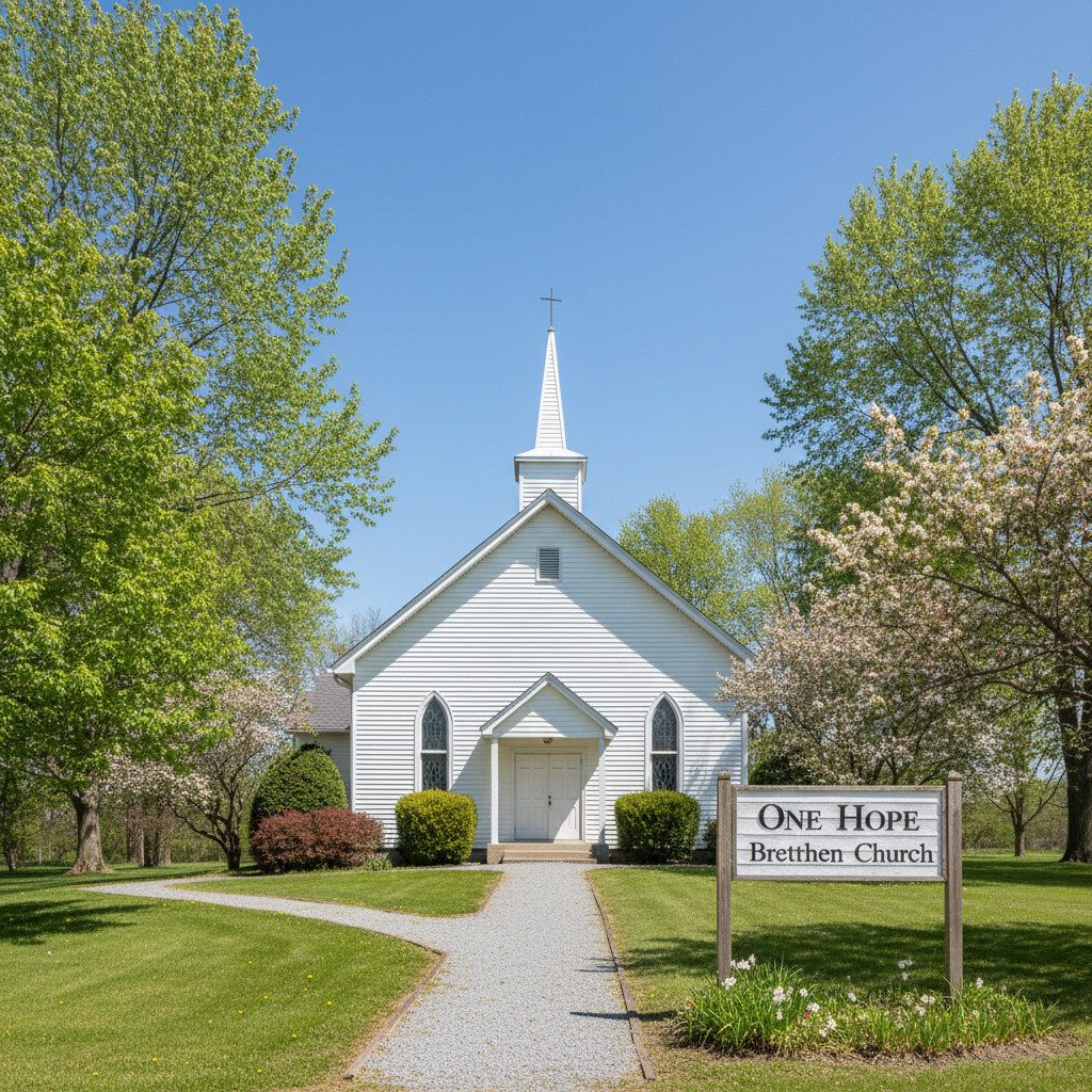 A traditional, modest church building with white clapboard siding and a simple steeple, set against a clear blue spring sky. Fresh green trees and budding shrubs surround the building, and a small wooden sign near a gravel walkway reads “One Hope Brethren Church” in classic serif lettering. Soft, even midday light illuminates the clean lines of the structure, emphasizing its humble, timeless architecture without dramatic contrast. Photographic realism from a slightly elevated angle, with the church framed by natural greenery. The mood is welcoming, stable, and hopeful, reflecting a congregation focused on loving God and loving others, with no people present anywhere in the scene.